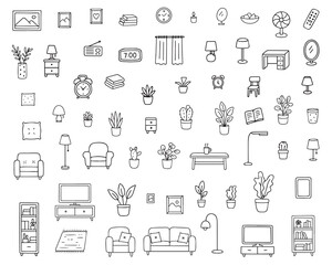 Set of linear furniture icons in doodle style. Designer trendy items for apartment or office interior isolated on white background. Vector 