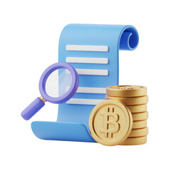 Magnifying glass over document with bitcoin coins representing cryptocurrency audit  
