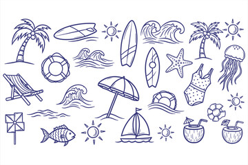 Hand drawn summer travel and vacation icons on the beach and sea, including a sailboat, sun, and palm trees