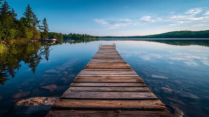 Obraz premium A long wooden dock extending out into a tranquil lake, stretching towards the horizon (1)