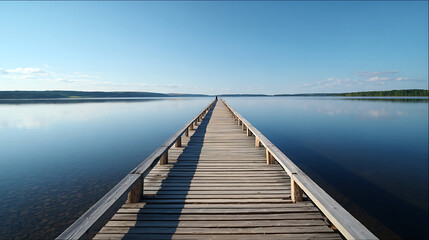 Fototapeta premium A long wooden dock extending out into a tranquil lake, stretching towards the horizon (2)
