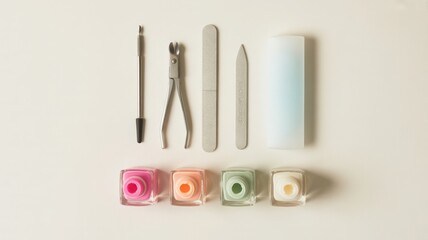 Nail Care Tools and Polishes Arranged on White Surface
