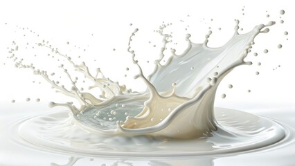 Dynamic Milk Splash 3D Render, Creamy Texture, Liquid Motion, White Background, High-Resolution Image Milk splash, 3D rendering
