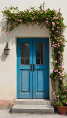 Fototapeta premium Blue Large Wooden Door with Pink Flower Archway