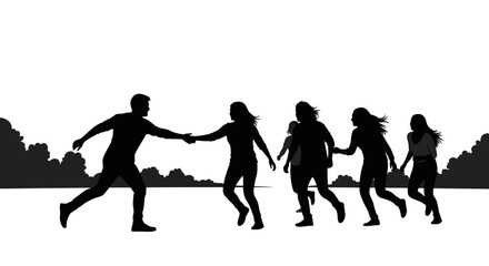 Obraz premium silhouette of a man reaching out to join a group of running women symbolizing inclusion teamwork and the pursuit of shared goals