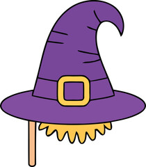 Purple witch hat photo booth prop on a stick. cute Halloween costume mask with hair for a party. flat vector illustration.