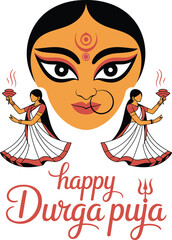 happy durga puja greeting card with goddess maa durga face and bengali women performing dhunuchi dance. traditional indian hindu festival vector.
