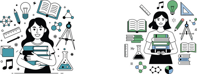 education and knowledge concept with a female student holding books, surrounded by science and art icons for STEM learning. flat vector illustration set.