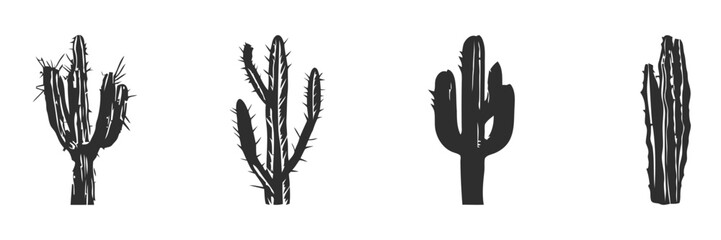 Obraz premium Four desert cacti silhouetted against white.