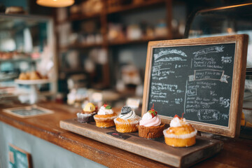 A variety of colorful cupcakes is attractively arranged on a wooden board in a warm bakery. The chalkboard menu highlights delicious offerings and creates a welcoming atmosphere