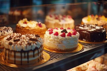 A variety of beautifully decorated cakes are arranged in a pastry shop display, featuring chocolate, cream, and fruit toppings, inviting customers on a sunny afternoon