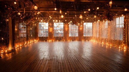 A spacious room decorated with string lights and candles.