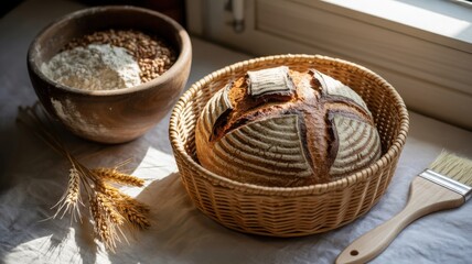 Sourdough bread in a basket with flour and wheat stalks