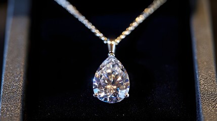 Pear-shaped diamond pendant on a chain.
