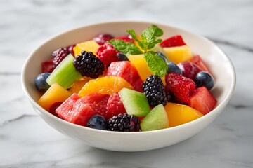 A vibrant fruit salad featuring a variety of fresh fruits including watermelon, berries, and citrus. The colorful mix is garnished with mint leaves and presented in a bowl on a marble surface