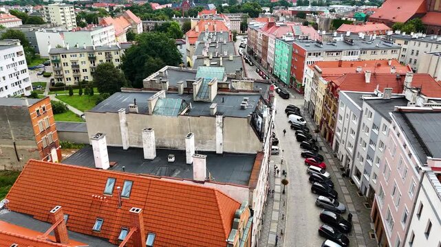 city center old town drone flight over Swidnica Poland