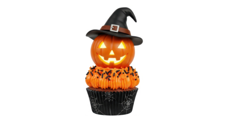 Festive Halloween decoration featuring a glowing jack-o'-lantern atop a cupcake, wearing a witch's hat.