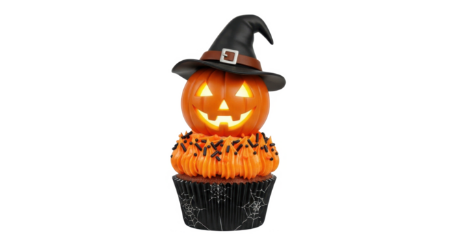 Festive Halloween decoration featuring a glowing jack-o'-lantern atop a cupcake, wearing a witch's hat.