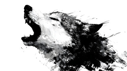 Fierce, stylized wolf portrait in black and white, showcasing a roaring expression. Dynamic, abstract style