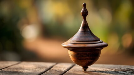 Ornate wooden spinning top on a wooden surface.