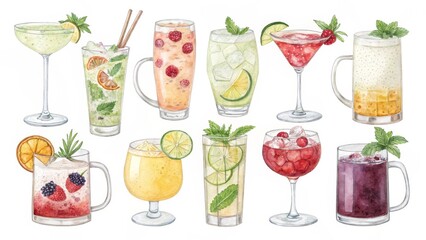 Watercolor Cocktail Collection 10 Summer Drinks, Glassware, Fresh Ingredients, Beverage, Mixed Drinks Cocktail recipes, summer drinks