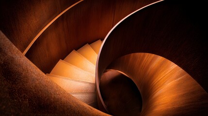 Spiral staircase with warm, rich tones.