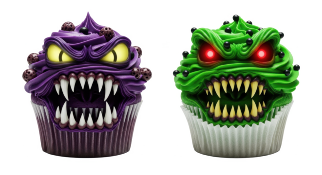 Two monster cupcakes, one purple and one green, with menacing eyes and sharp teeth, on a white background.