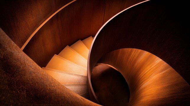 Spiral staircase with warm, rich tones.