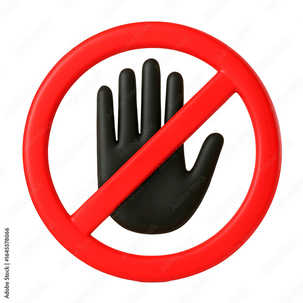 Poster red prohibition circle with a black hand symbol inside indicating no entry or stop gesture isolated 