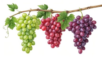 Watercolor Grapes Three Clusters on Vine, Red, Green, Purple, Botanical Illustration, Food Photography Grapes, Watercolor