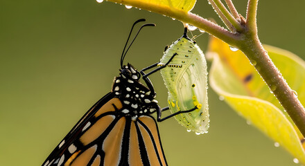 Vibrant Monarch butterfly clings to its translucent dewcovered chrysalis after emerging showcasing...