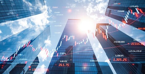 Futuristic concept of financial growth and stock market analysis with digital data over modern glass skyscrapers in city skyline under blue sky light. Ai generative