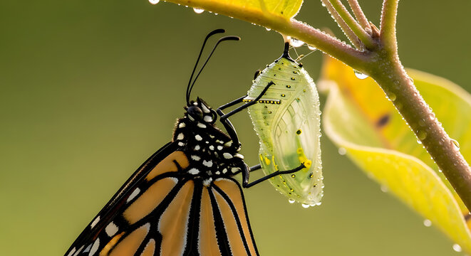Vibrant Monarch butterfly clings to its translucent dewcovered chrysalis after emerging showcasing its intricate orange and black wing patterns.