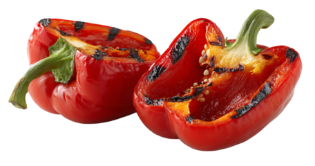Closeup of halved grilled red bell peppers isolated on transparent background, showcasing their charred marks and vibrant color