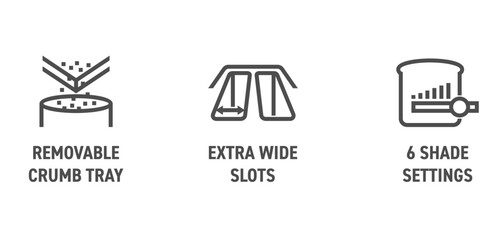Toaster icons in bold line - Removable crumb, Wide slots, Shade settings.
