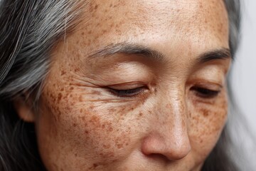 Obraz premium Close-up portrait of sad middle-aged woman looking down in low light