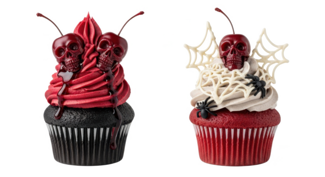 Two Halloween cupcakes with skull-shaped cherries and spiderweb decorations on a white background.