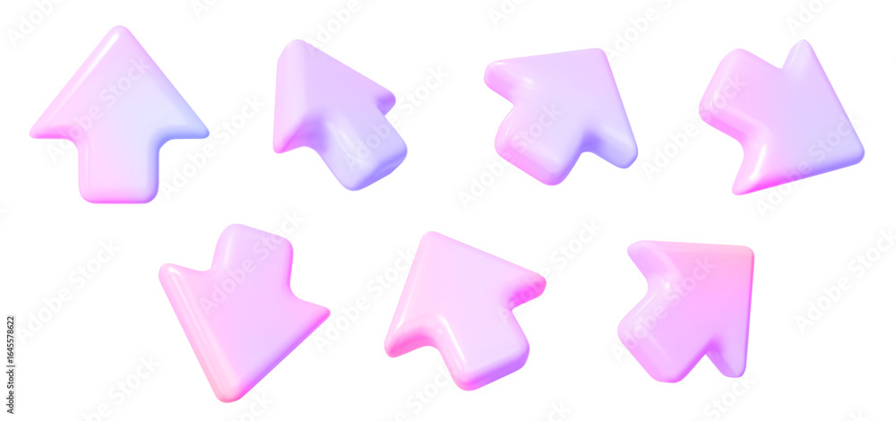 Poster 3d set neon click cursor icon. holographic mouse arrows pointing in different directions. stock vect