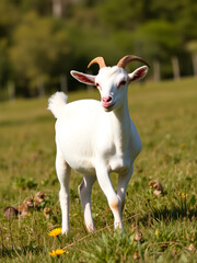 Obraz premium White goat standing peacefully in a sunny meadow, cut out - stock png.