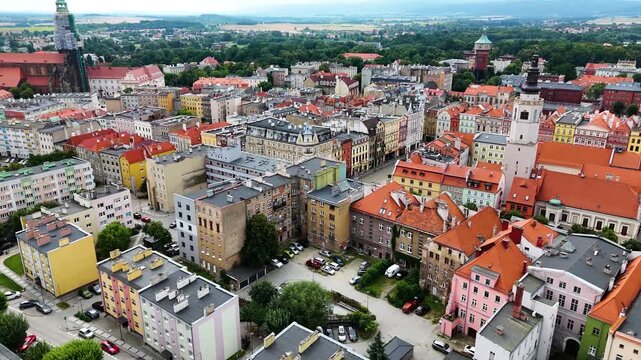 city center old town drone flight over Swidnica Poland