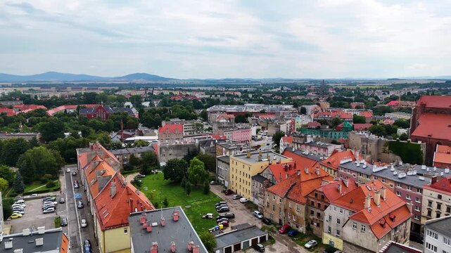 city center old town drone flight over Swidnica Poland