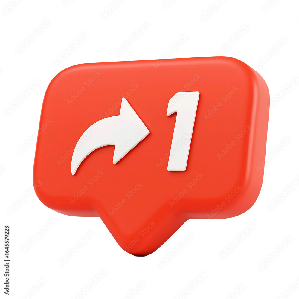 Poster bright red social media notification icon with a white curved arrow and the number one isolated on t