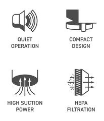 Robot vacuum cleaner flat icons - Quiet, High suction, HEPA , Compact