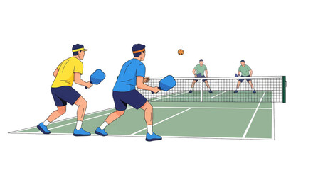 Obraz premium Pickleball Match Illustration Two Teams Competing on a Court with Paddles and Net