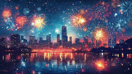 Naklejka premium Fireworks bloom at night view of the city