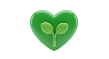 3d icon of green heart with plant isolated on transparent background, a symbol of love for nature, ecology, and environmental protection, promoting sustainable growth