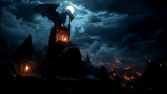 A dark, atmospheric fantasy scene featuring a large, menacing dragon perched atop a gothic tower. The dragons wings are spread wide, and its body is adorned with intricate patterns and sharp claws.