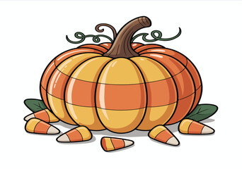 Obraz premium Vector illustration of an orange Halloween pumpkin with fall leaves