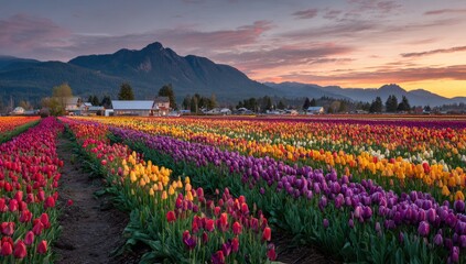 Fototapeta premium Vibrant sunset hues illuminate a vast tulip field, striped with rows of red, yellow, orange, and purple blooms, set against a backdrop of mountains and a small town
