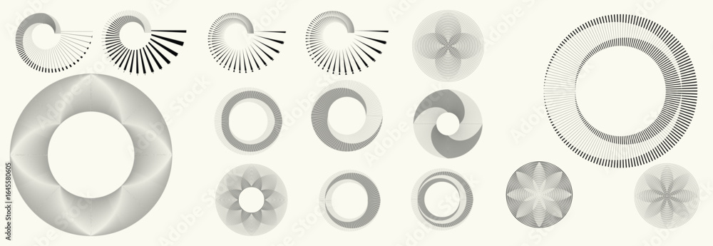 Poster collection of vector design elements. set of logos with lines, spirals and circles. various forms of